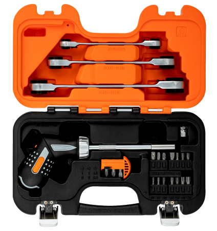 Набор из отвертки с пистолетной рукояткой и набором ключей с храповым механизмом, пластиковый кейс 808050P-25