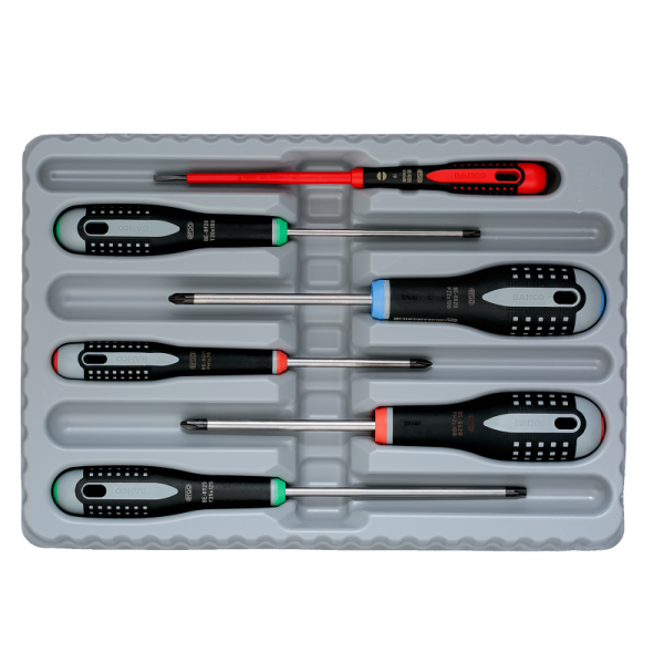 Набор отверток ERGO™, 6 штук. Под винты со шлицем, Phillips, Pozidriv и TORX® BE-9871 Набор отверток ERGO™, 6 штук. Под винты со шлицем, Phillips, Pozidriv и TORX® BE-9871