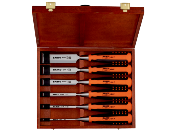 Набор профессиональных стамесок с двухкомпонентной рукояткой в деревянной коробке, 6 шт. 434P-S6/S8