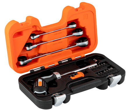 Набор из отвертки с пистолетной рукояткой и набором ключей с храповым механизмом, пластиковый кейс 808050P-25