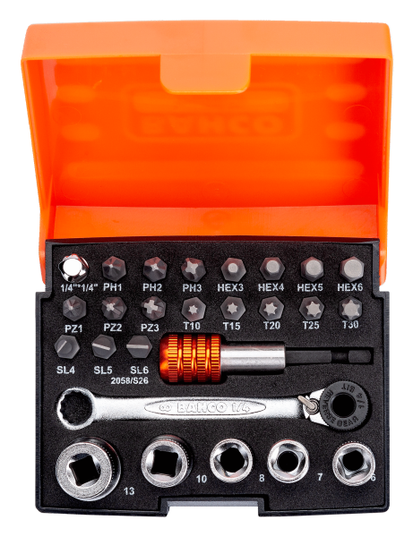 Набор стандартных бит для отверток с держателем бит, торцевыми головками размером 1/4 дюйма и храповиком, 26 предметов 2058/S26