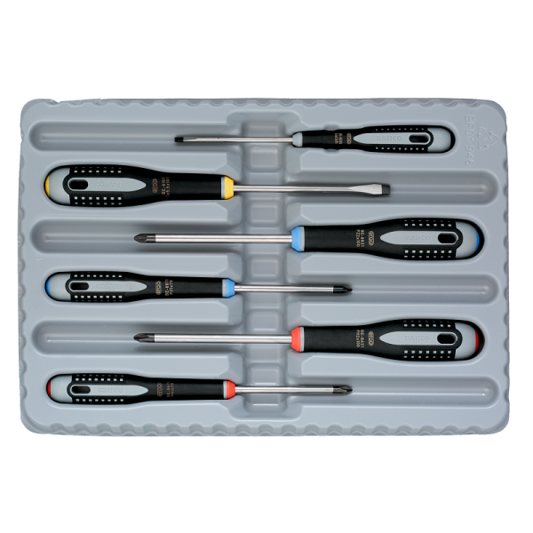 Отвертки ERGO™ с резиновой рукояткой и цветовым кодированием BE-9886 Отвертки ERGO™ с резиновой рукояткой и цветовым кодированием BE-9886